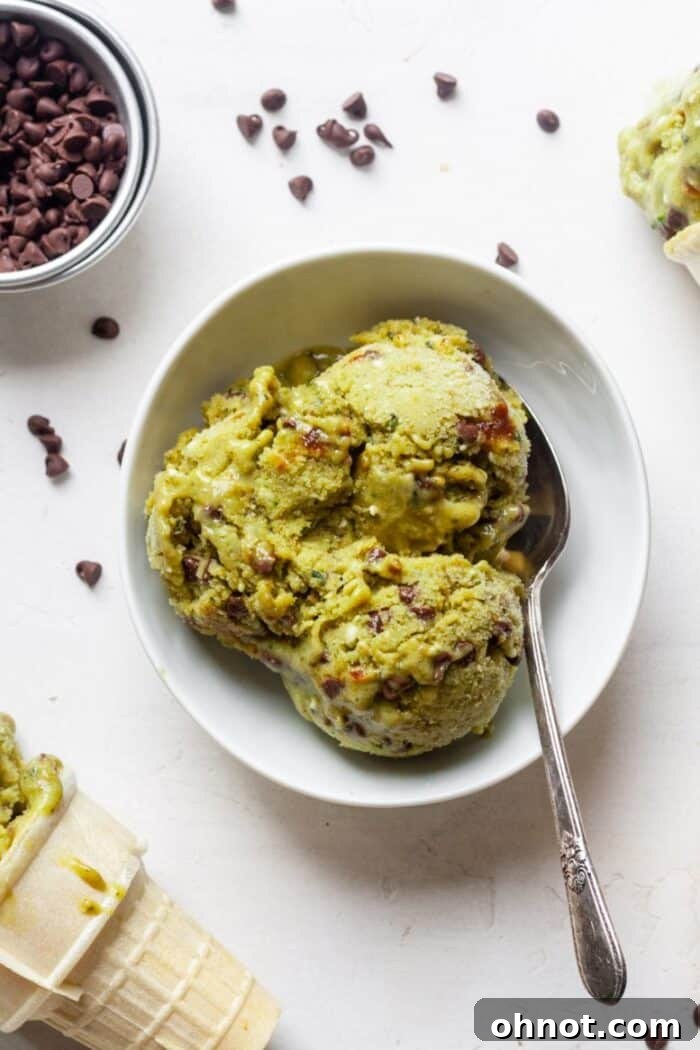 Bowl of scooped mint chocolate chip nice cream