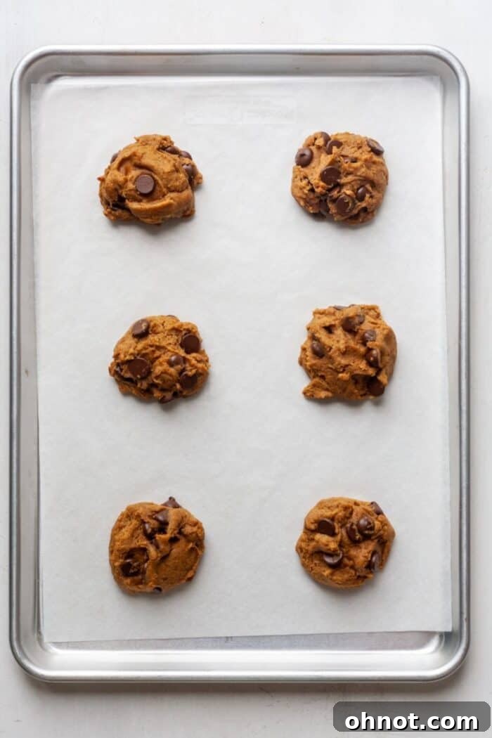 Freshly baked vegan pumpkin chocolate chip cookies on a pan, still warm from the oven.