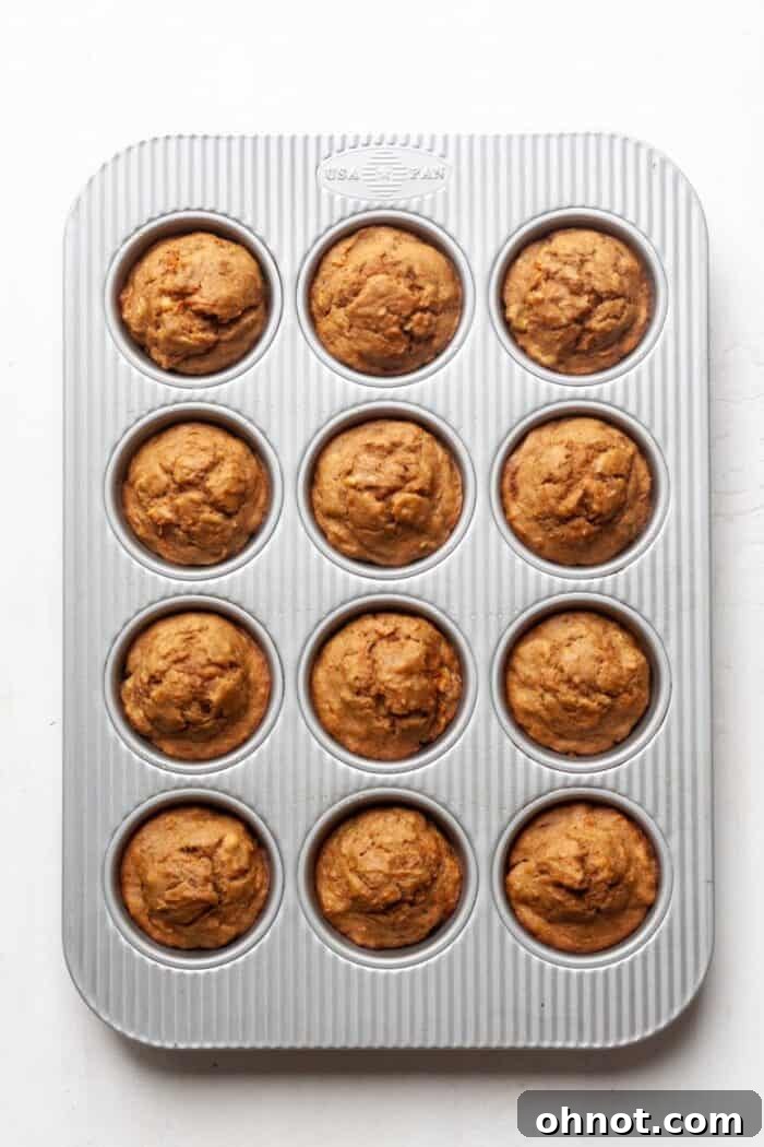 Baked muffins cooling in the tin.