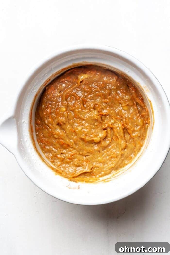 Well-mixed batter in a bowl, ready for baking.
