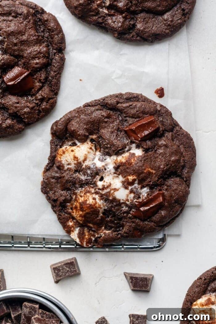 Gooey chocolate marshmallow cookies cooling on a wire rack
