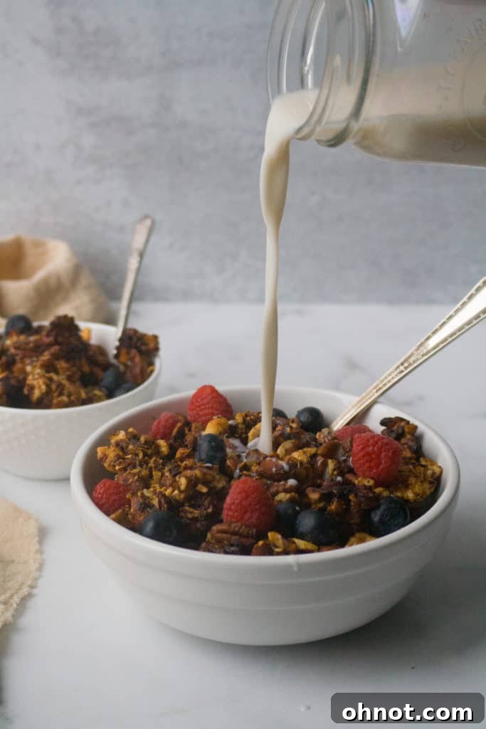 Close-up of freshly baked homemade granola with nuts and coconut flakes