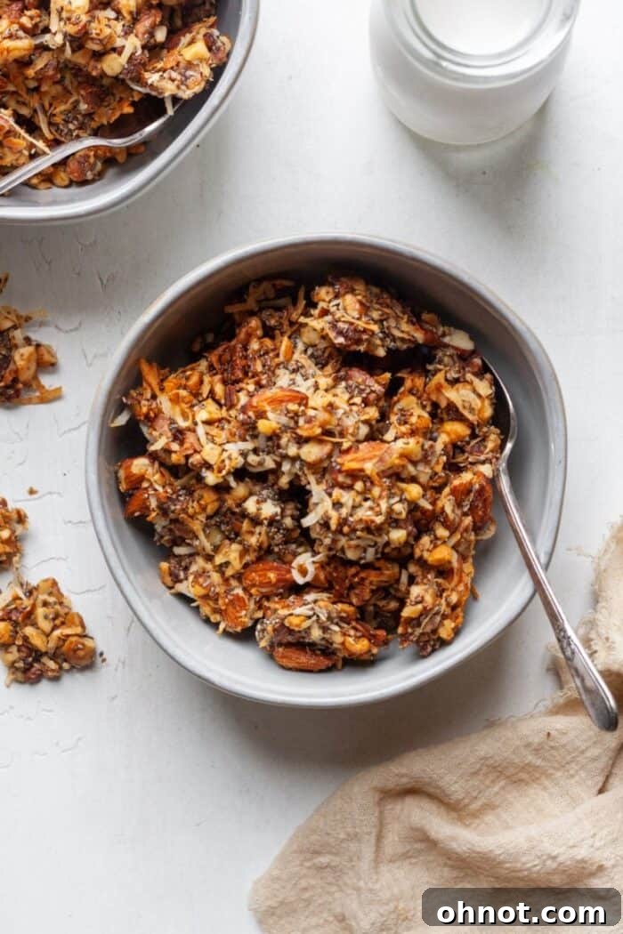 Whole30 granola in bowl, ready to be served with your favorite compliant milk or as a standalone snack