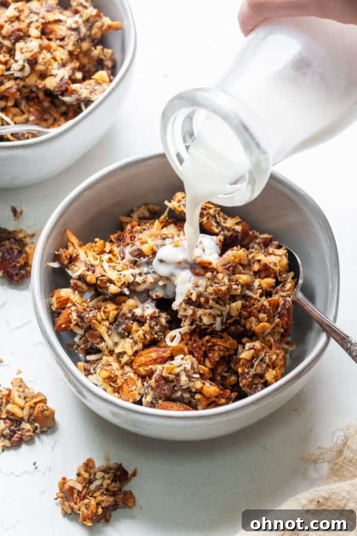 Grain free granola with milk, perfect for a Whole30 approved snack or light breakfast