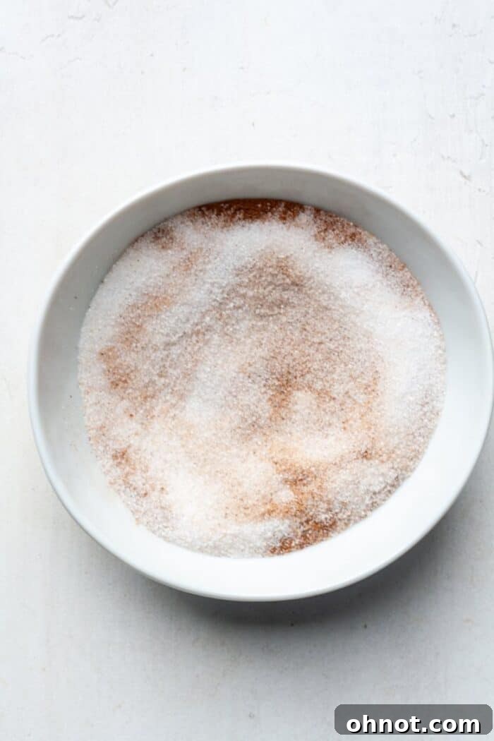 Bowl of granulated sugar mixed with cinnamon for the donut coating