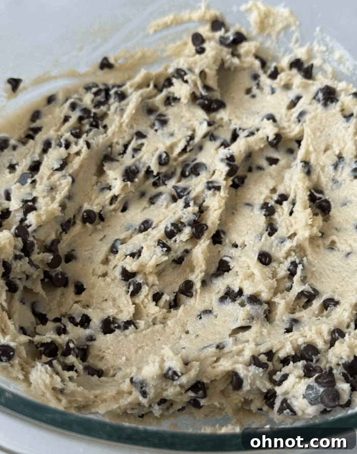 Thick cookie dough with mini chocolate chips in a mixing bowl.