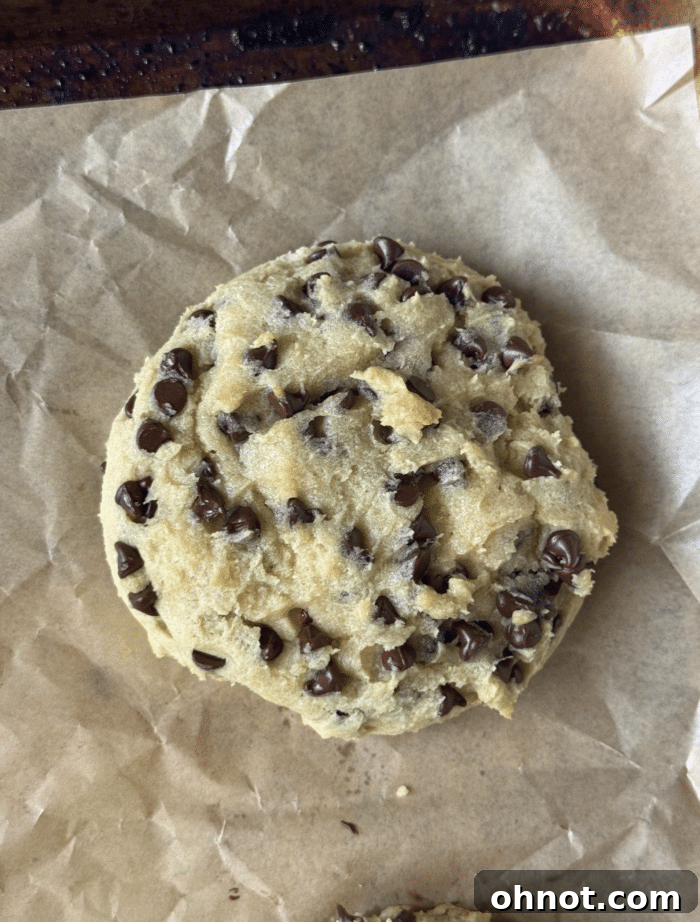 Close-up of thick, soft Greek yogurt cookies with visible chocolate chips.