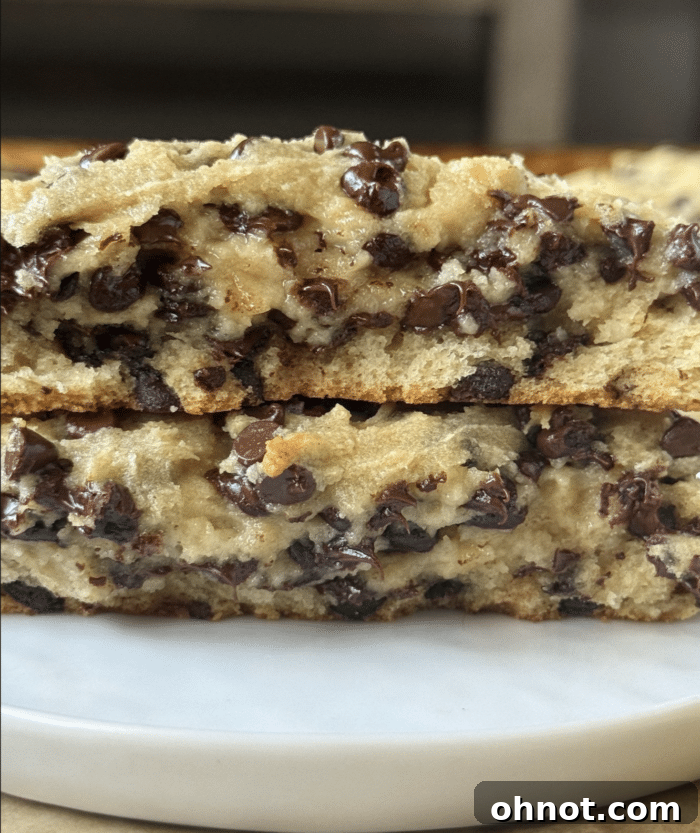 Close-up of a soft, thick Greek yogurt cookie with melted chocolate chips.