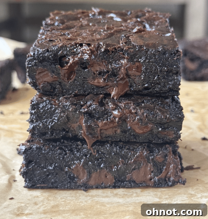 Espresso brownies. A top-down shot of perfectly cut, rich, dark chocolate brownies with a glossy top and fudgy interior, garnished with a light sprinkle of sea salt.