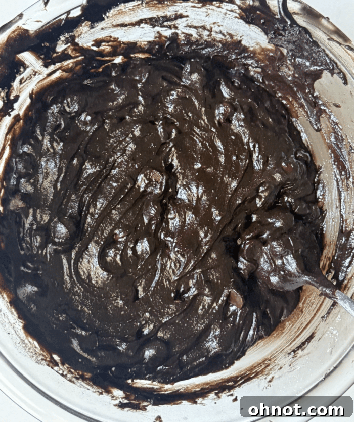 Dark brownie batter in a mixing bowl, ready to be poured.