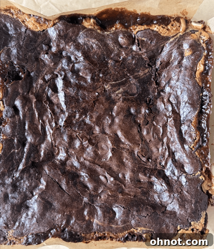 Freshly baked Snickers brownies cooling in the pan