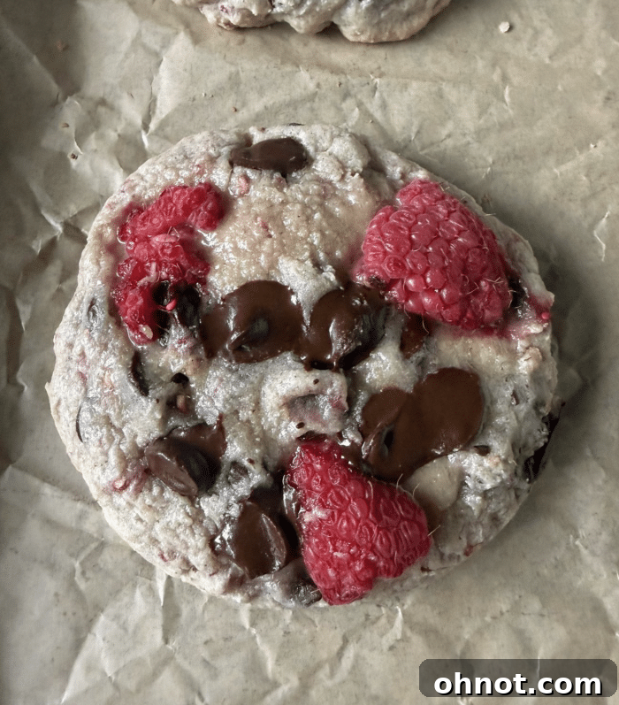 Freshly baked raspberry chocolate chip cookies on a cooling rack, showcasing their crisp edges and visible fruit pieces.