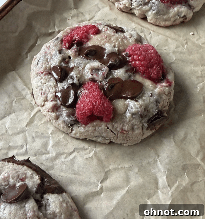 A stack of raspberry chocolate chip cookies with melted chocolate and visible raspberries.