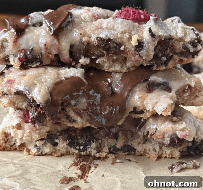 Close-up of a single raspberry chocolate chip cookie, highlighting its rich texture and fresh fruit.