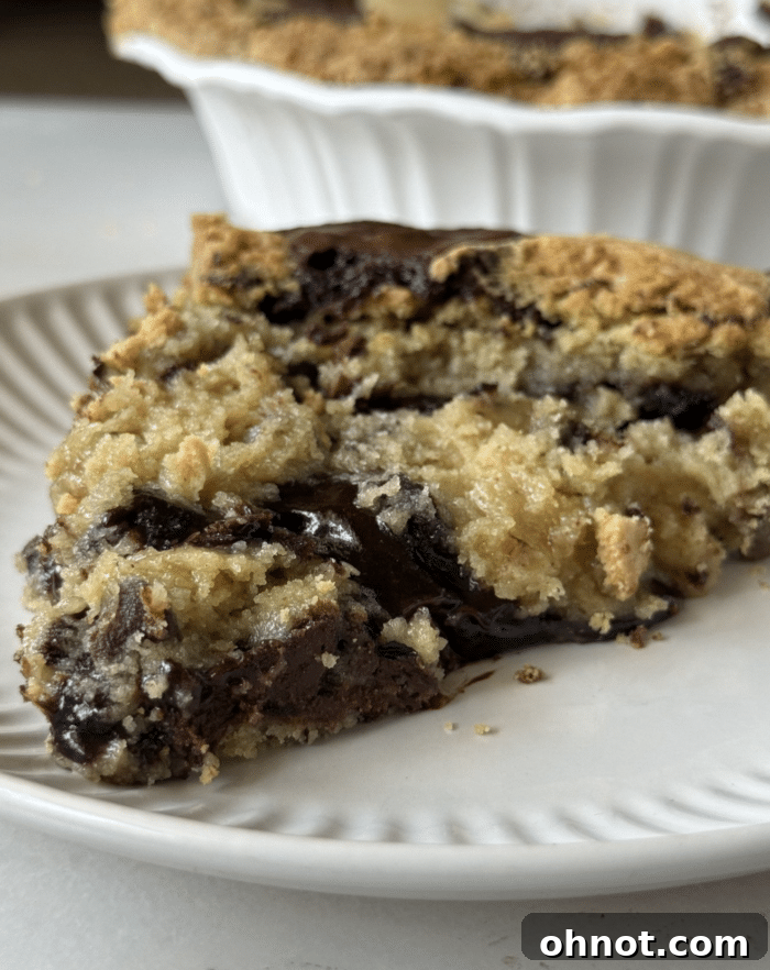 A perfect cross-section slice of Brookie Pie, highlighting the thick, chewy cookie and fudgy brownie layers.