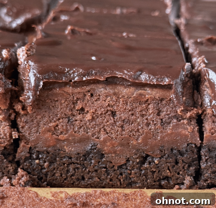 Decadent chocolate cheesecake bars with ganache topping.