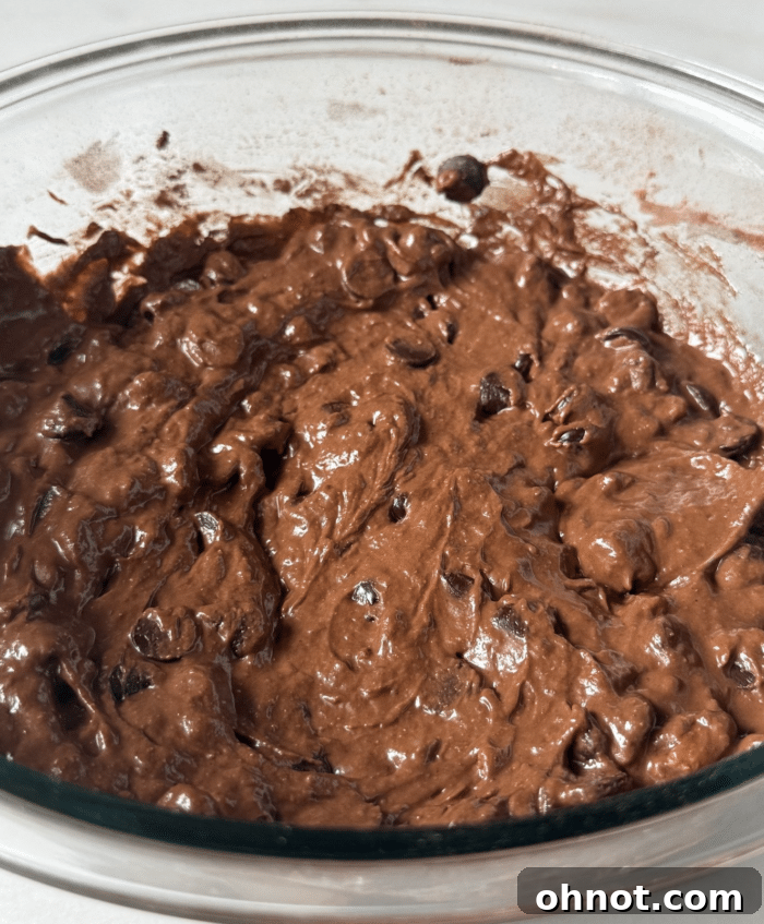 Close-up of rich, dark brownie batter in a mixing bowl, ready for baking.