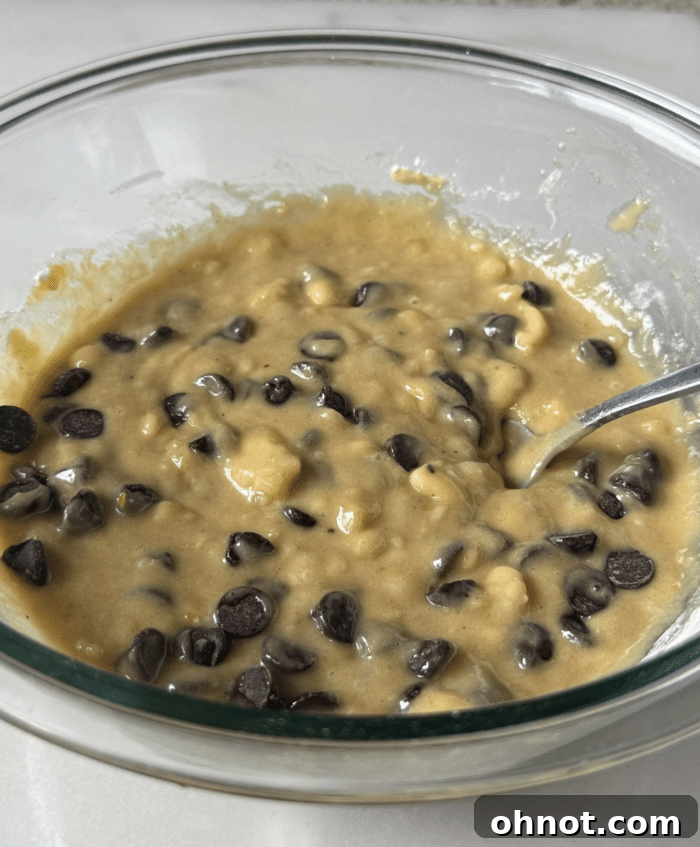 Bowl of light brown banana bread batter, speckled with dark chocolate chips.