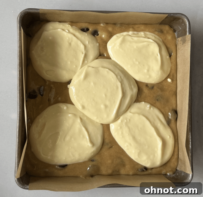 Cheesecake batter on cookie dough.