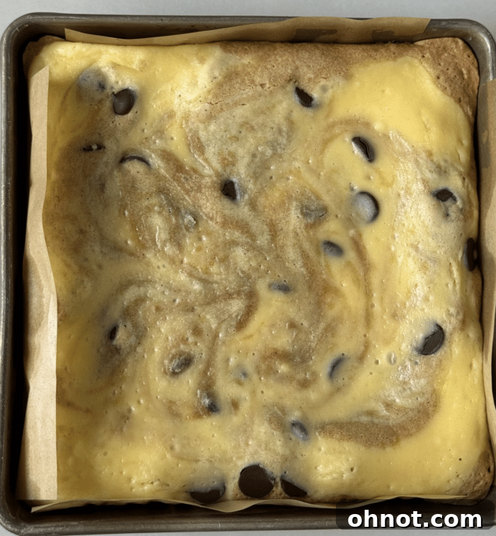 Square pan of creamy cookie bars.