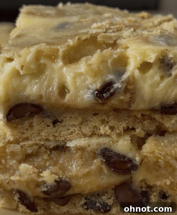 Close up of cookie dough cheesecake bars.