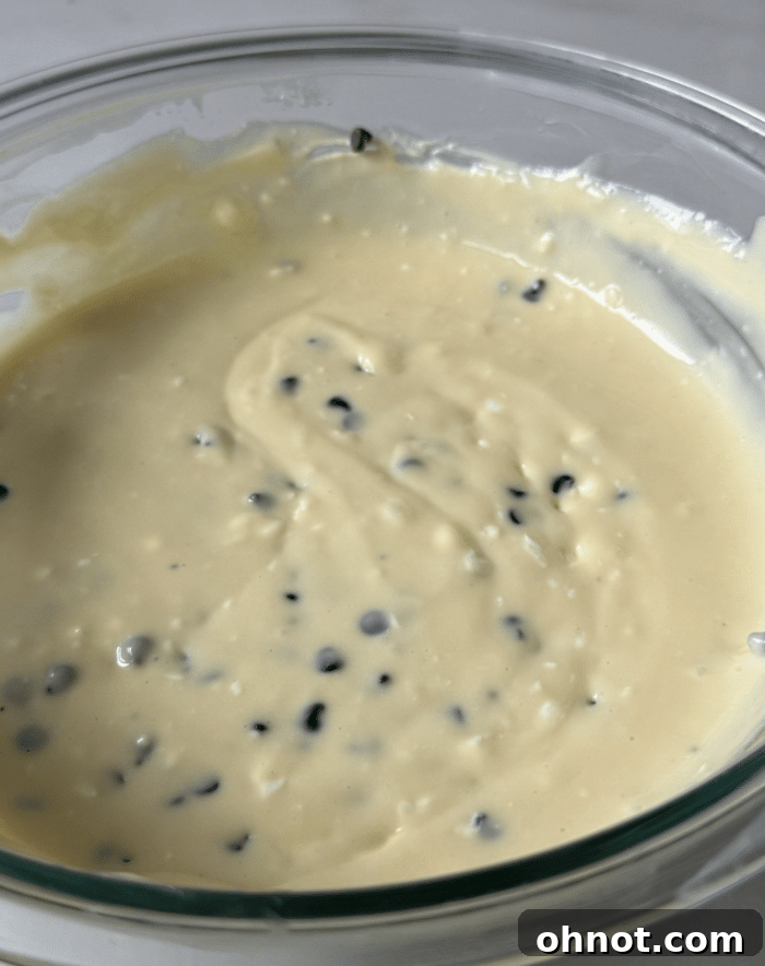 Close-up of the creamy cheesecake batter with chocolate chips, ready for assembly.
