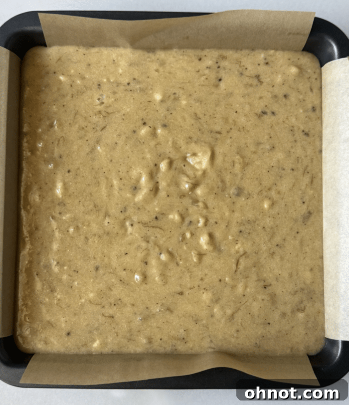 Banana batter in pan.