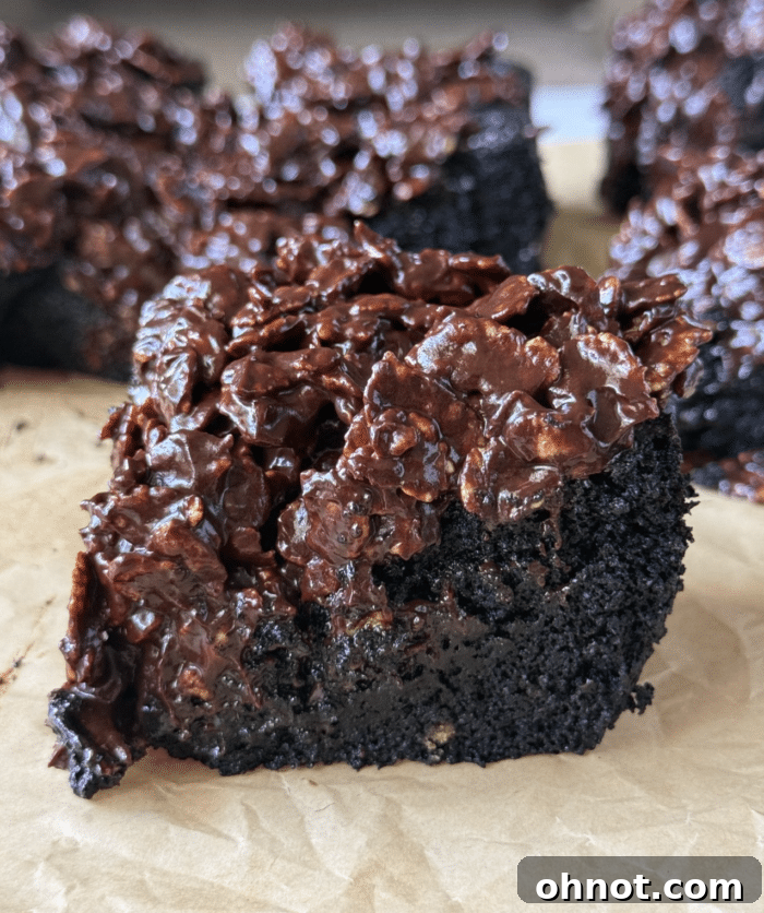 Close up of chocolate crunch cake.