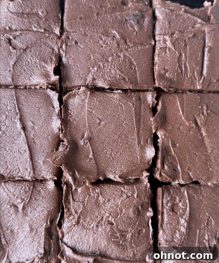 Sliced brownies with frosting.