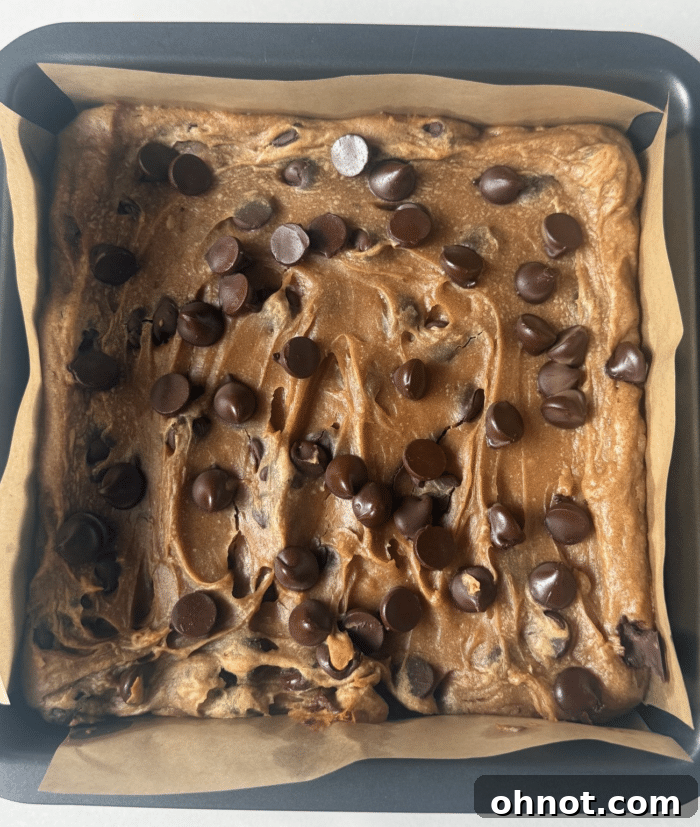 Peanut butter chocolate dessert in pan.