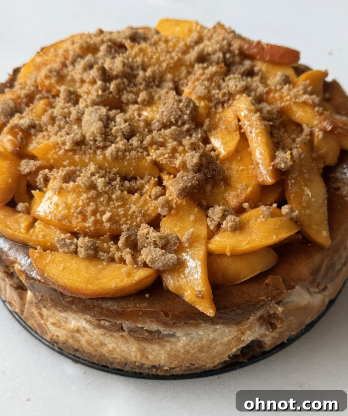 Crumbly peach topping.