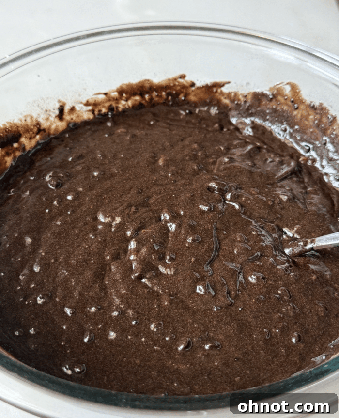 Brown batter in mixing bowl.