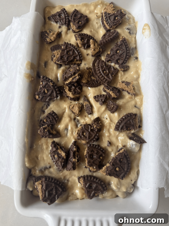 Batter with crumbled cookies.